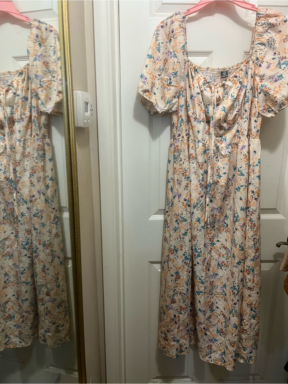 SHEIN Cream Floral Puff-Sleeve Midi Nightgown